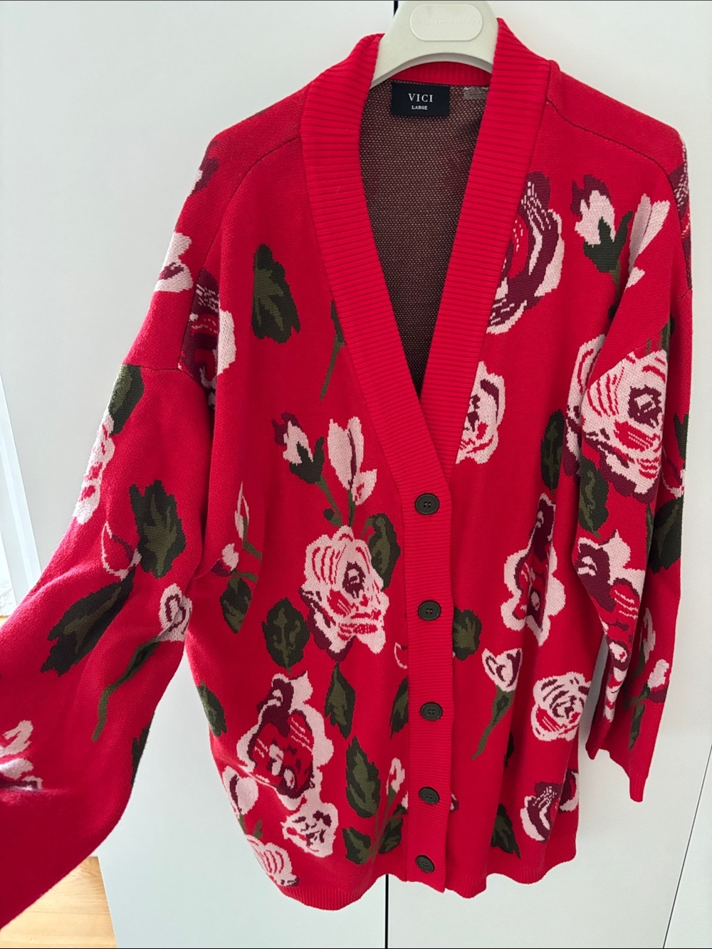 VICI Red Floral Button-Front Cardigan with Pink Roses